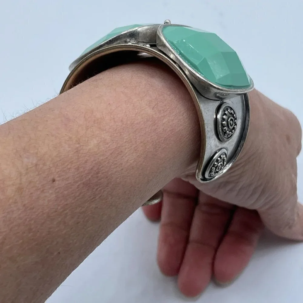Lucky Brand Southwestern Boho Three Stone Green Silver Wide Cuff Bracelet